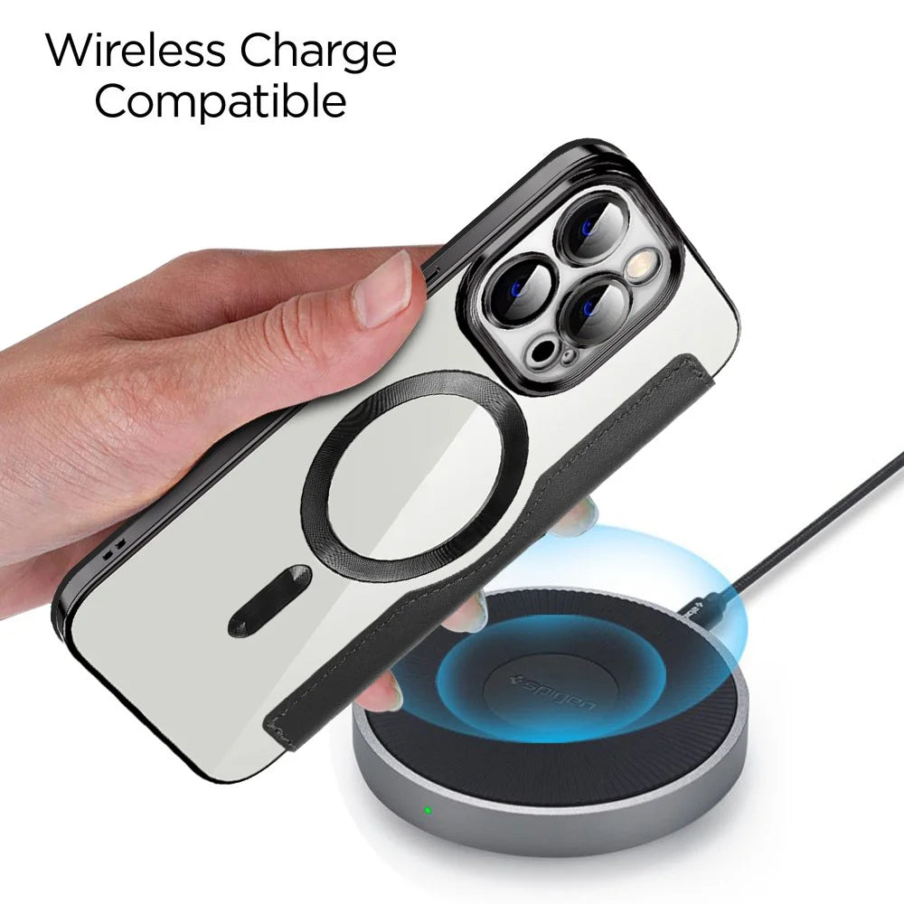 For iPhone 13 Pro 6.1 inch Compatible with MagSafe RFID Blocking Card Slots Shock-absorbing PU Leather+TPU Electroplating Clear Back Flip Case with Lens Film - Black - 5