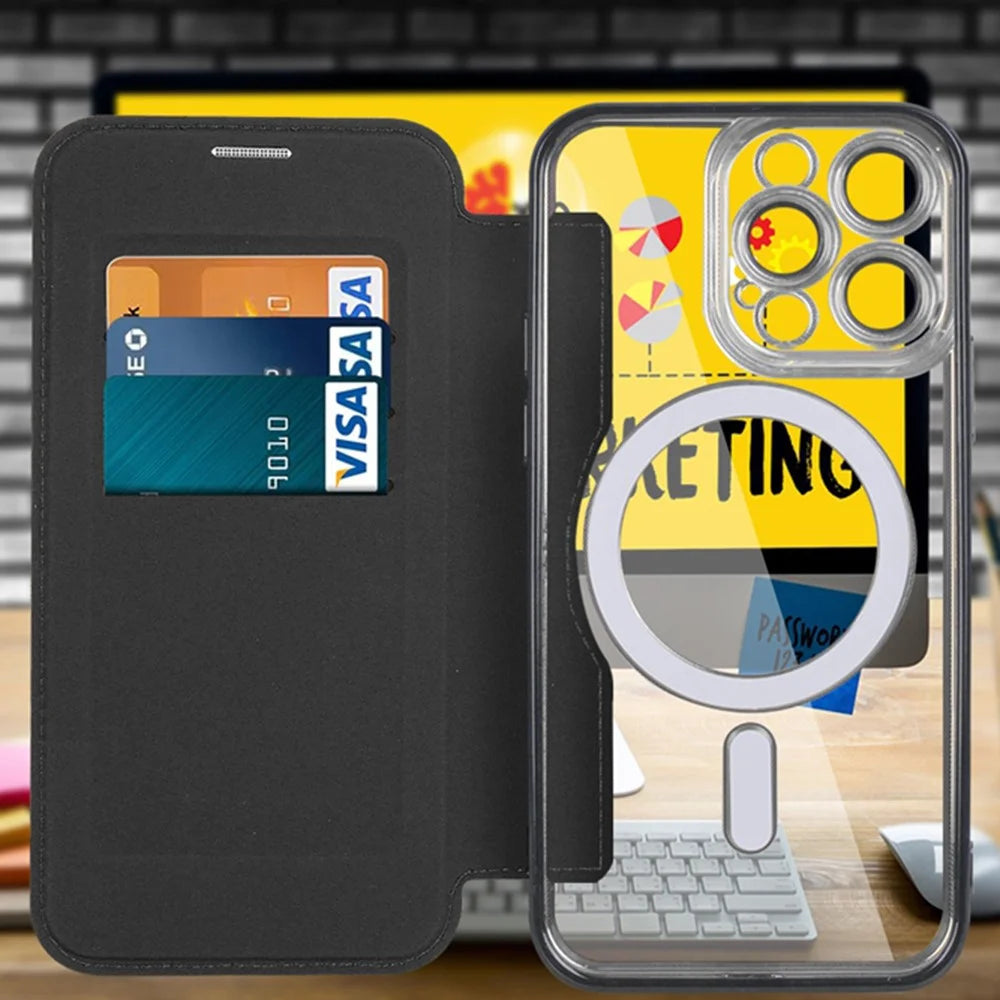 For iPhone 13 Pro 6.1 inch Compatible with MagSafe RFID Blocking Card Slots Shock-absorbing PU Leather+TPU Electroplating Clear Back Flip Case with Lens Film - Black - 7