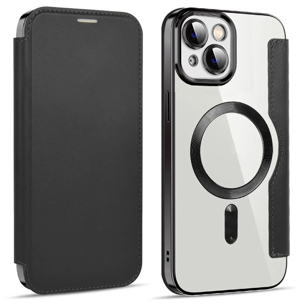 For iPhone 13 6.1 inch RFID Blocking Card Slots Compatible with MagSafe PU Leather+TPU Electroplating Clear Back Flip Case with Lens Film - Black - 1