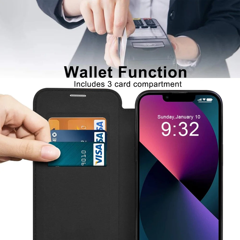 For iPhone 13 6.1 inch RFID Blocking Card Slots Compatible with MagSafe PU Leather+TPU Electroplating Clear Back Flip Case with Lens Film - Black - 3