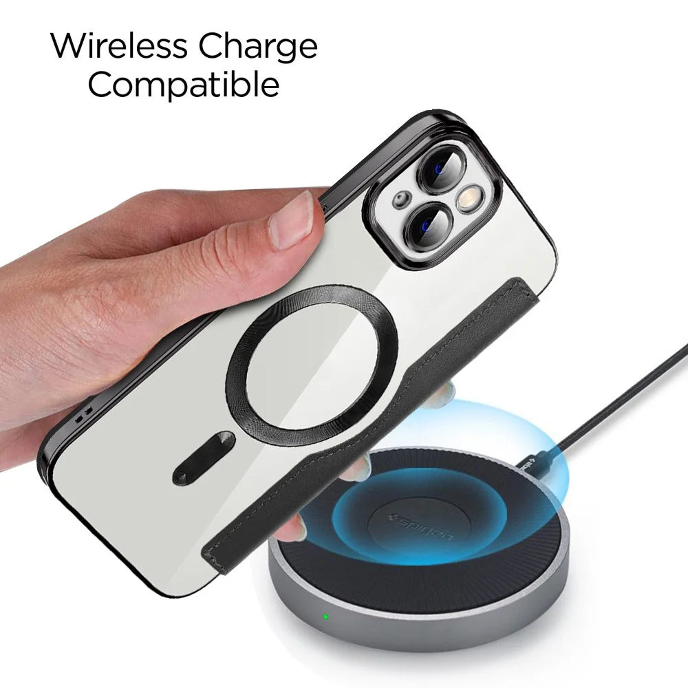 For iPhone 13 6.1 inch RFID Blocking Card Slots Compatible with MagSafe PU Leather+TPU Electroplating Clear Back Flip Case with Lens Film - Black - 5