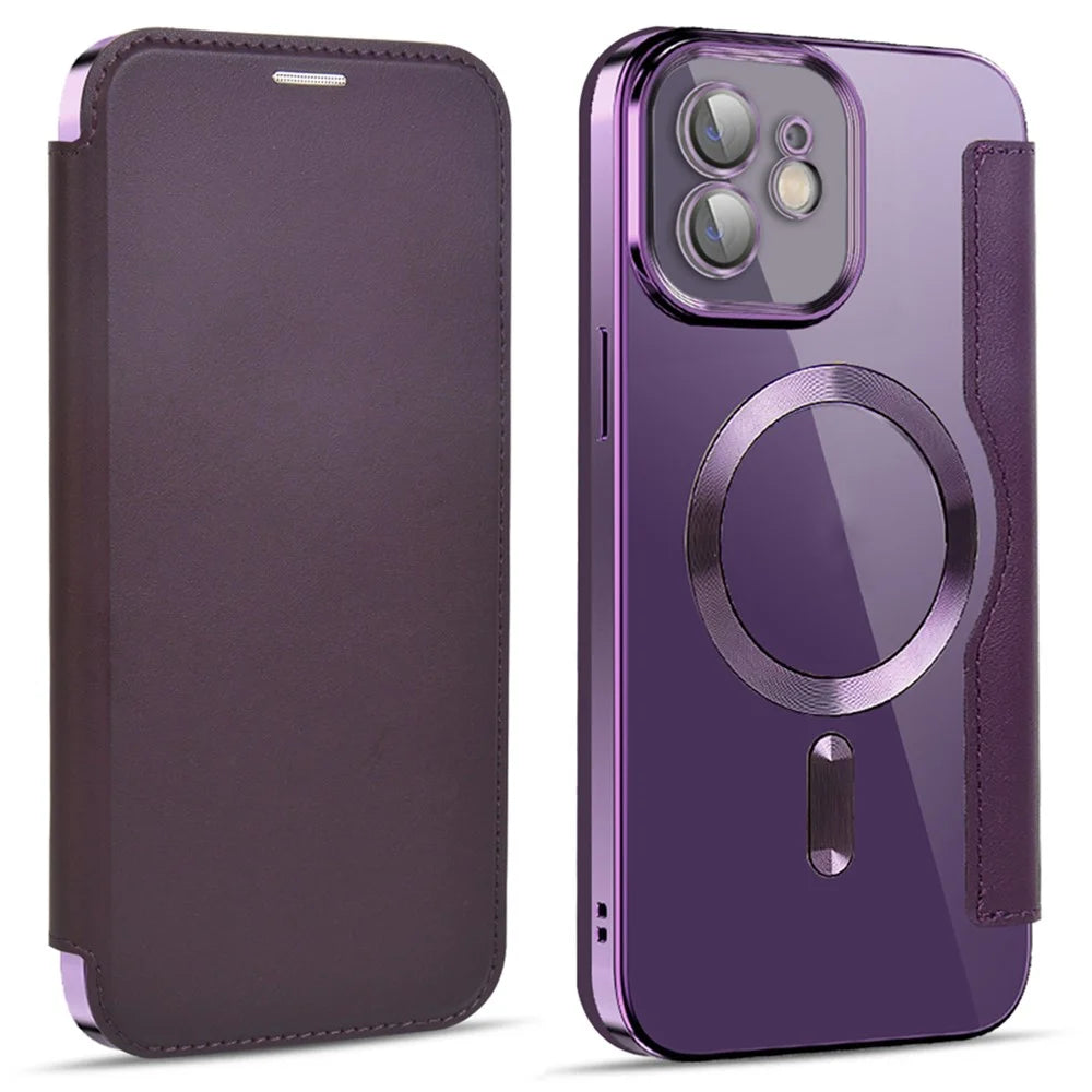 Phone Cover for iPhone 12 6.1 inch, Compatible with MagSafe RFID Blocking Card Slots Full Protection PU Leather+TPU Electroplating Clear Back Flip Case with Lens Film - Purple - 1