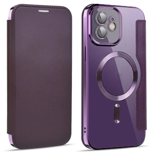 Phone Cover for iPhone 12 6.1 inch, Compatible with MagSafe RFID Blocking Card Slots Full Protection PU Leather+TPU Electroplating Clear Back Flip Case with Lens Film - Purple - 1