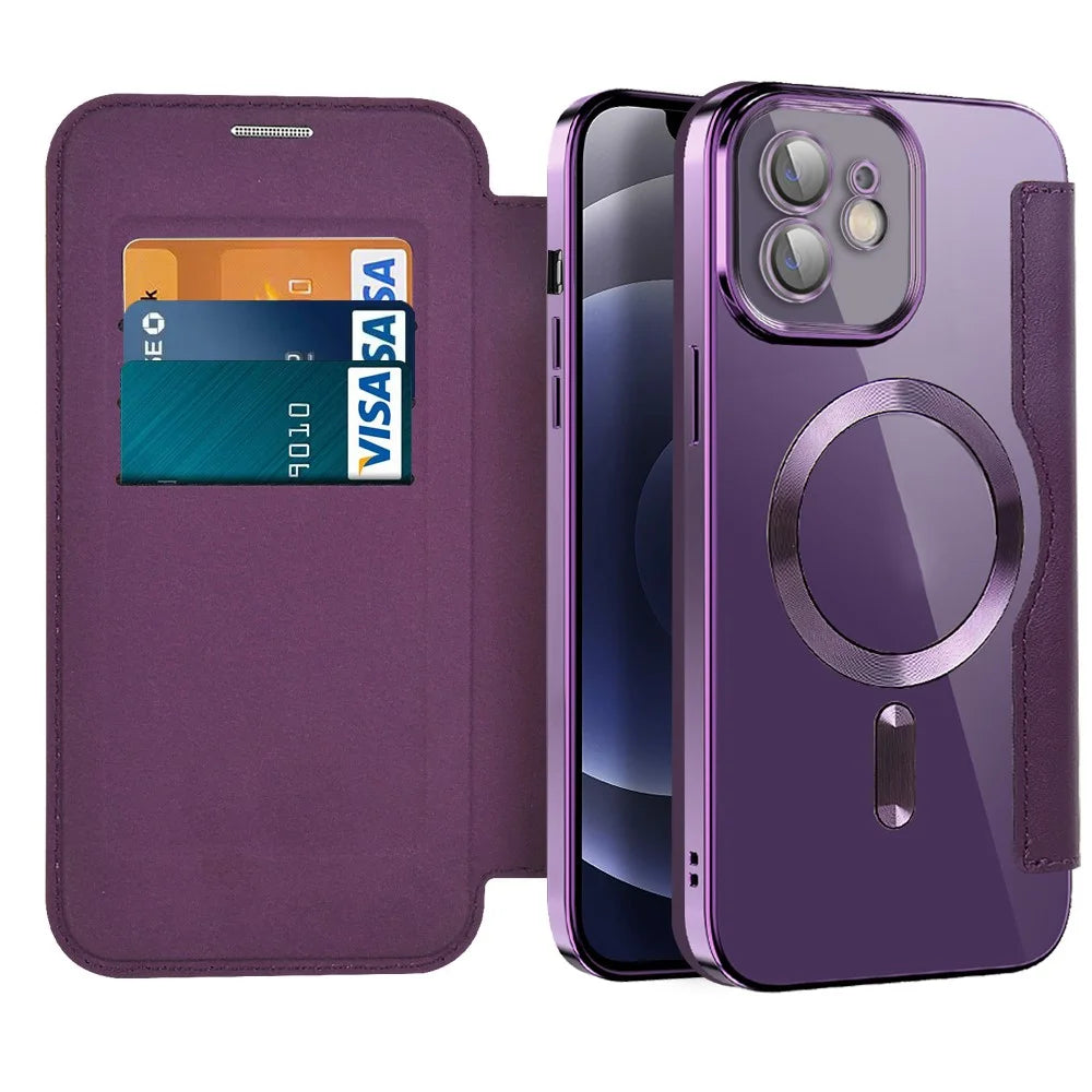 Phone Cover for iPhone 12 6.1 inch, Compatible with MagSafe RFID Blocking Card Slots Full Protection PU Leather+TPU Electroplating Clear Back Flip Case with Lens Film - Purple - 2