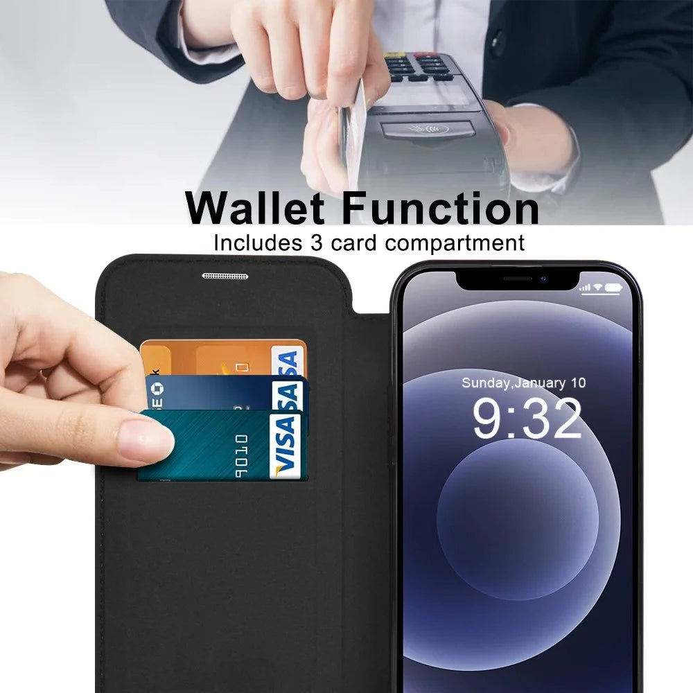 Phone Cover for iPhone 12 6.1 inch, Compatible with MagSafe RFID Blocking Card Slots Full Protection PU Leather+TPU Electroplating Clear Back Flip Case with Lens Film - Purple - 4