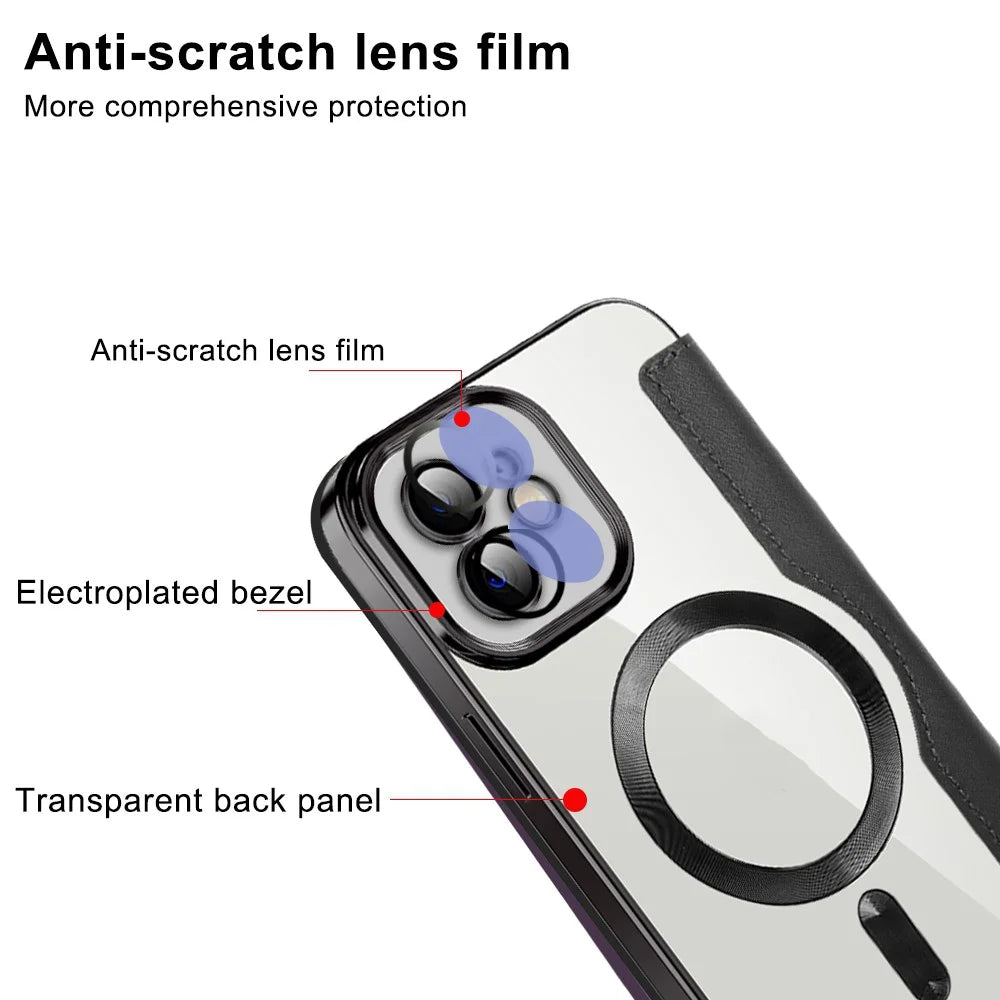 Phone Cover for iPhone 12 6.1 inch, Compatible with MagSafe RFID Blocking Card Slots Full Protection PU Leather+TPU Electroplating Clear Back Flip Case with Lens Film - Purple - 6