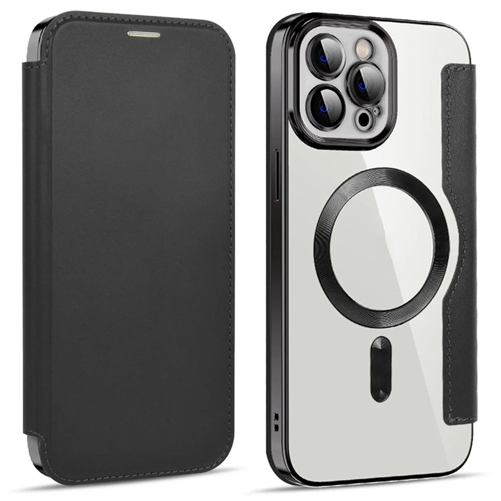Phone Cover for iPhone 12 Pro 6.1 inch, Compatible with MagSafe RFID Blocking Card Slots Well-protected PU Leather+TPU Electroplating Clear Back Flip Case with Lens Film - Black - 1