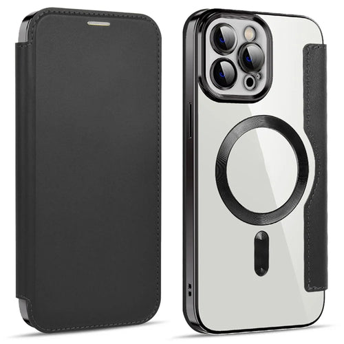 Phone Cover for iPhone 12 Pro 6.1 inch, Compatible with MagSafe RFID Blocking Card Slots Well-protected PU Leather+TPU Electroplating Clear Back Flip Case with Lens Film - Black - 1