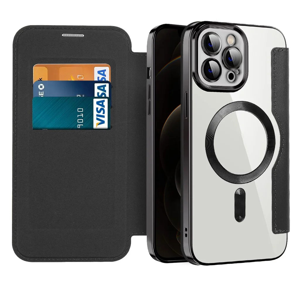 Phone Cover for iPhone 12 Pro 6.1 inch, Compatible with MagSafe RFID Blocking Card Slots Well-protected PU Leather+TPU Electroplating Clear Back Flip Case with Lens Film - Black - 2