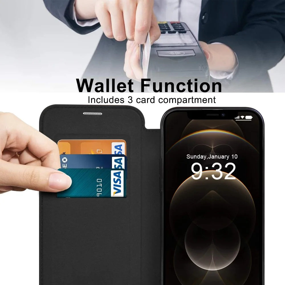 Phone Cover for iPhone 12 Pro 6.1 inch, Compatible with MagSafe RFID Blocking Card Slots Well-protected PU Leather+TPU Electroplating Clear Back Flip Case with Lens Film - Black - 4