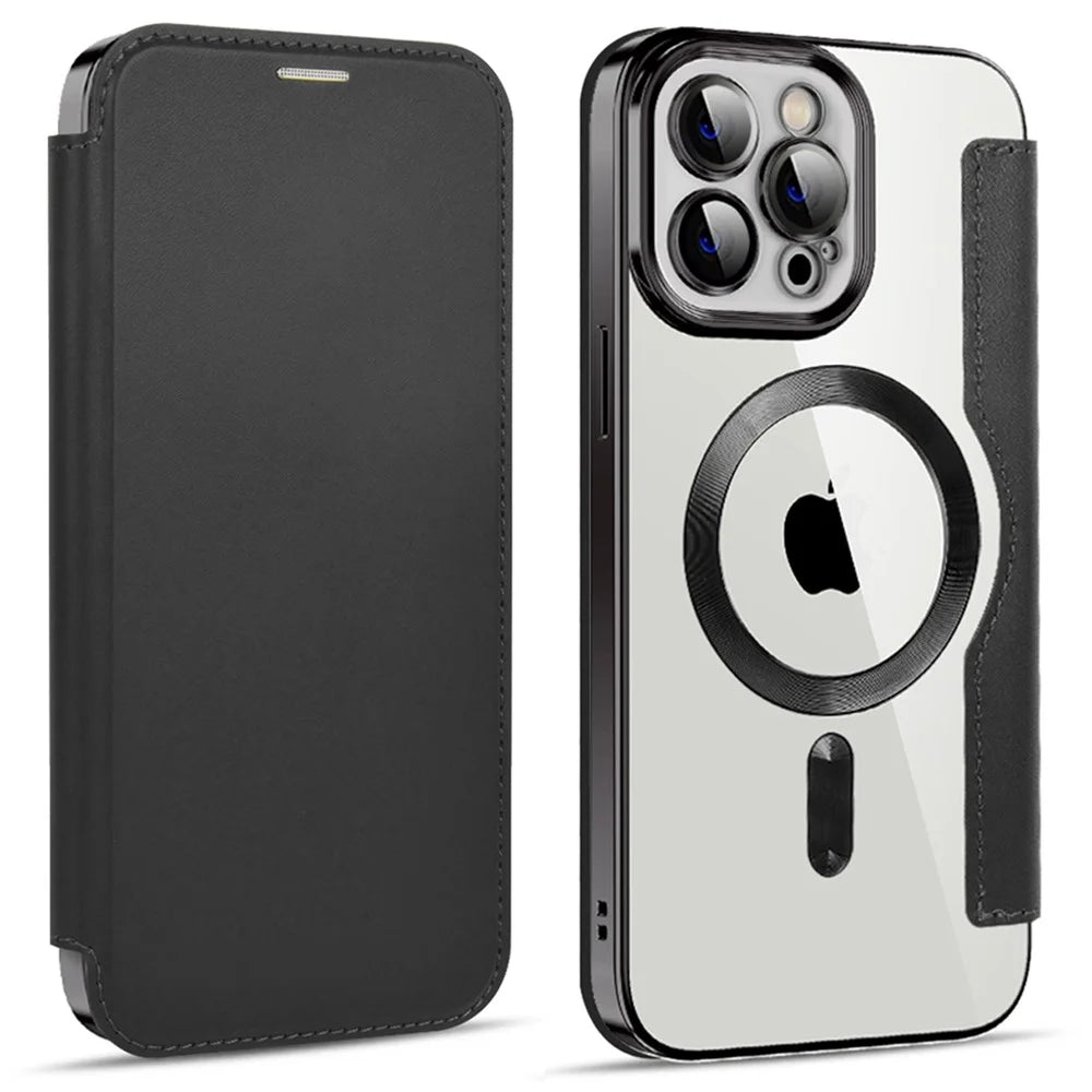 Phone Cover for iPhone 12 Pro Max 6.7 inch, Compatible with MagSafe RFID Blocking Card Slots Full Coverage PU Leather+TPU Electroplating Clear Back Flip Case with Lens Film - Black - 1