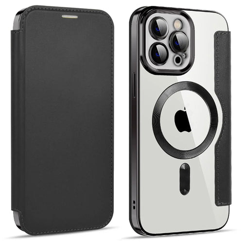 Phone Cover for iPhone 12 Pro Max 6.7 inch, Compatible with MagSafe RFID Blocking Card Slots Full Coverage PU Leather+TPU Electroplating Clear Back Flip Case with Lens Film - Black - 1