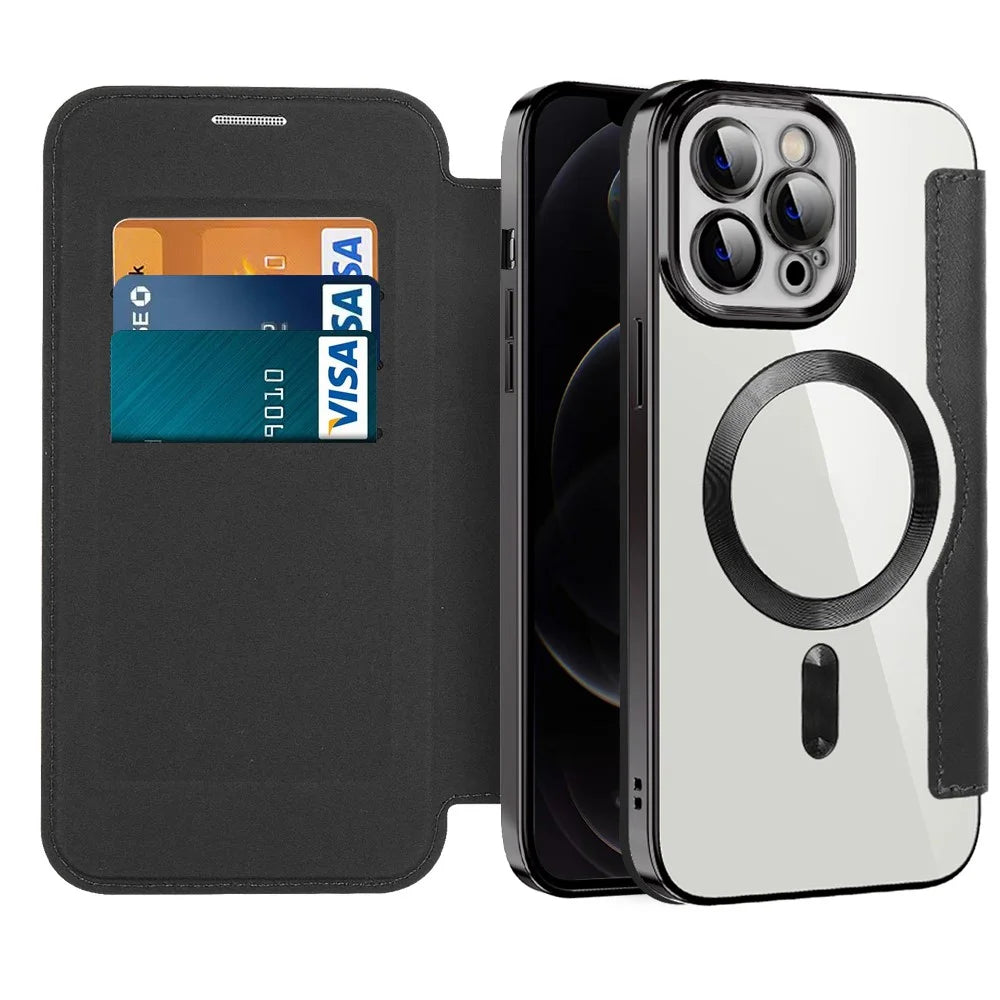 Phone Cover for iPhone 12 Pro Max 6.7 inch, Compatible with MagSafe RFID Blocking Card Slots Full Coverage PU Leather+TPU Electroplating Clear Back Flip Case with Lens Film - Black - 2