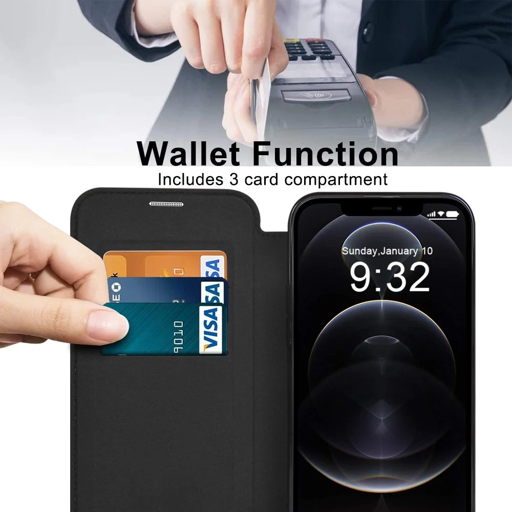 Phone Cover for iPhone 12 Pro Max 6.7 inch, Compatible with MagSafe RFID Blocking Card Slots Full Coverage PU Leather+TPU Electroplating Clear Back Flip Case with Lens Film - Black - 4