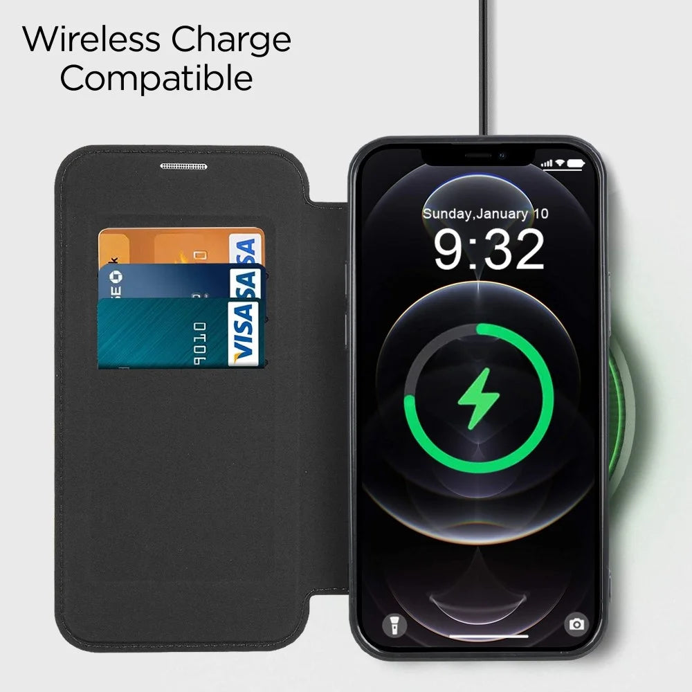 Phone Cover for iPhone 12 Pro Max 6.7 inch, Compatible with MagSafe RFID Blocking Card Slots Full Coverage PU Leather+TPU Electroplating Clear Back Flip Case with Lens Film - Black - 5