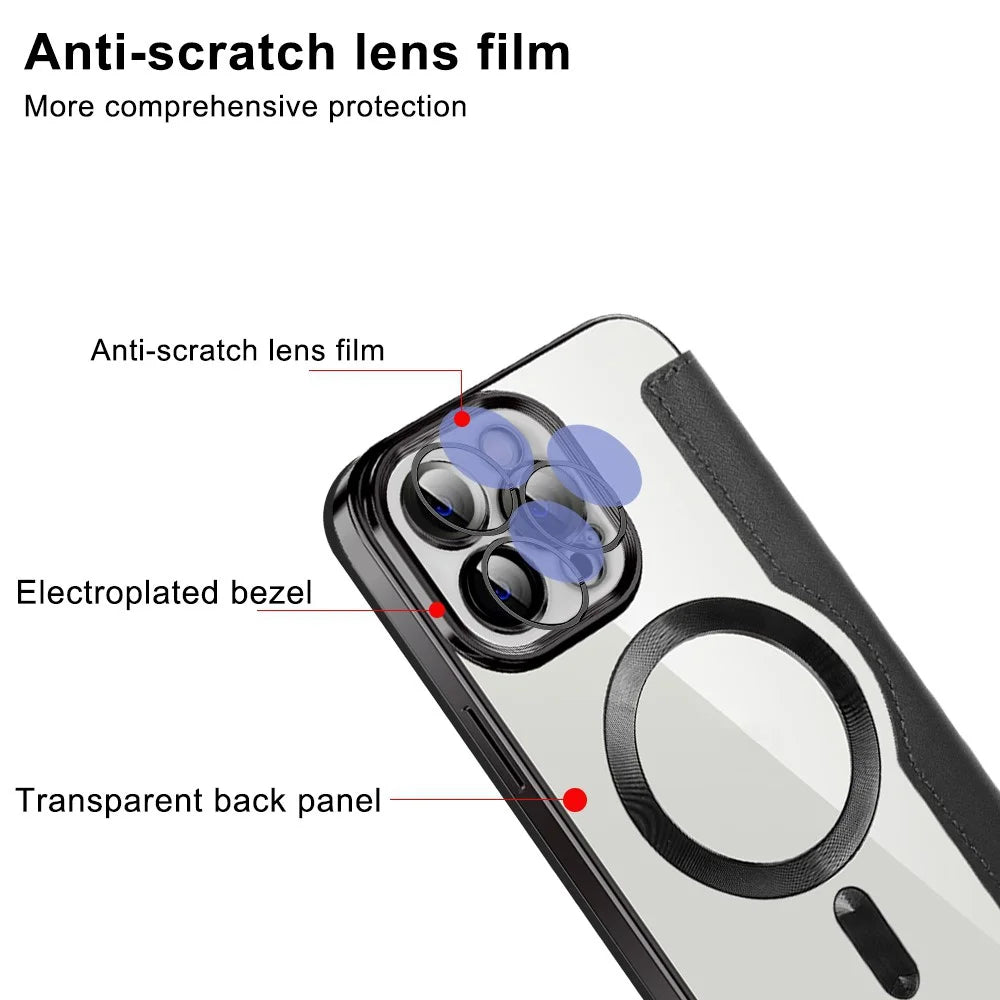 Phone Cover for iPhone 12 Pro Max 6.7 inch, Compatible with MagSafe RFID Blocking Card Slots Full Coverage PU Leather+TPU Electroplating Clear Back Flip Case with Lens Film - Black - 6