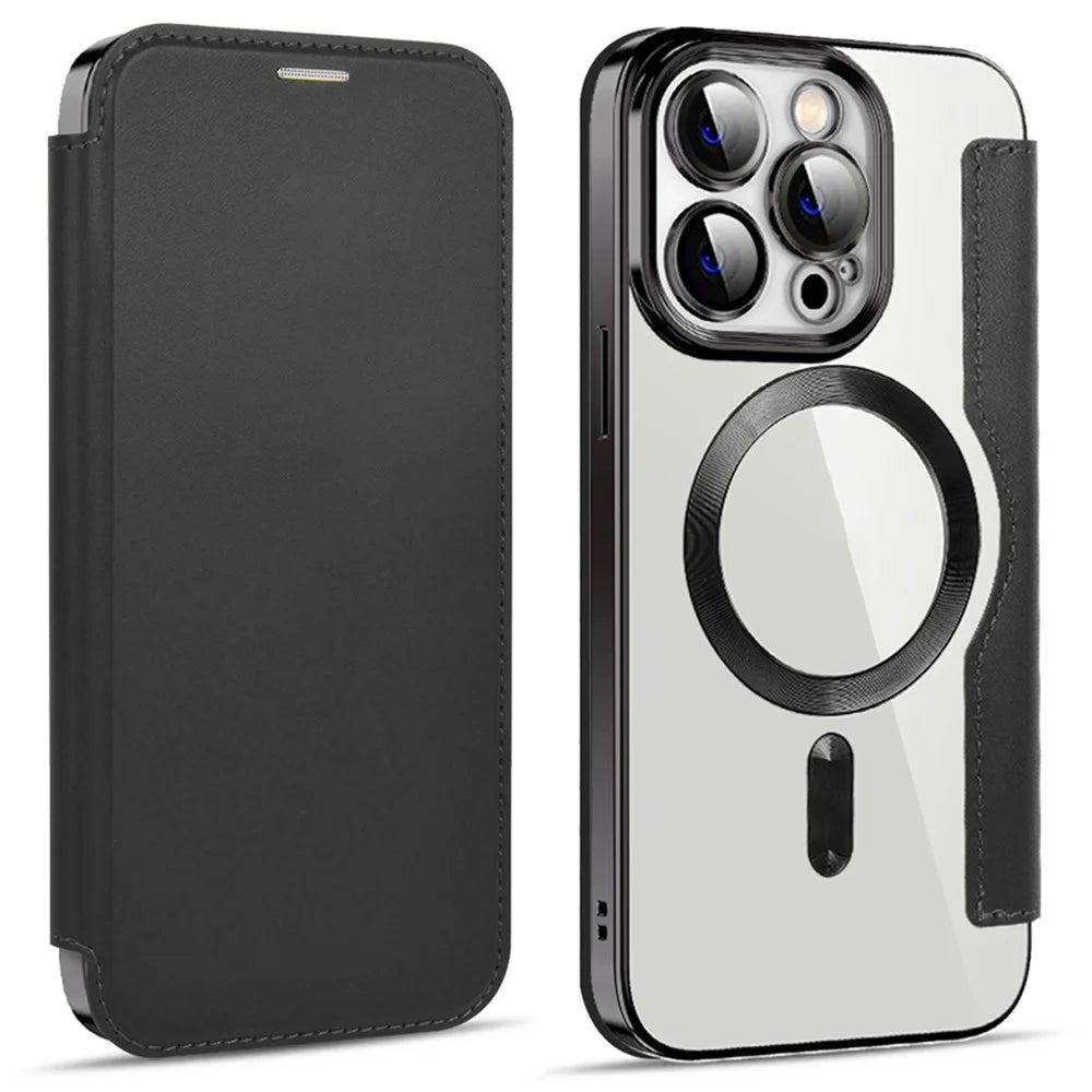 Phone Cover for iPhone 14 Pro, Compatible with MagSafe RFID Blocking Card Slots Fully Wrapped PU Leather+TPU Electroplating Clear Back Flip Case with Lens Film - Black - 1