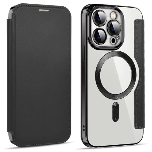Phone Cover for iPhone 14 Pro, Compatible with MagSafe RFID Blocking Card Slots Fully Wrapped PU Leather+TPU Electroplating Clear Back Flip Case with Lens Film - Black - 1