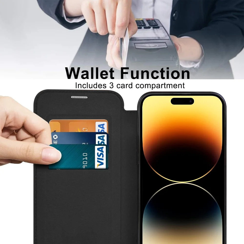 Phone Cover for iPhone 14 Pro, Compatible with MagSafe RFID Blocking Card Slots Fully Wrapped PU Leather+TPU Electroplating Clear Back Flip Case with Lens Film - Black - 3