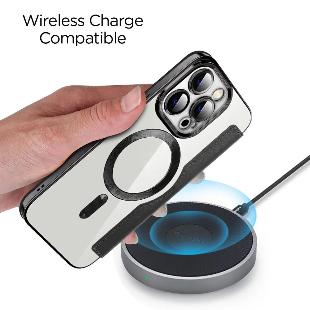 Phone Cover for iPhone 14 Pro, Compatible with MagSafe RFID Blocking Card Slots Fully Wrapped PU Leather+TPU Electroplating Clear Back Flip Case with Lens Film - Black - 4