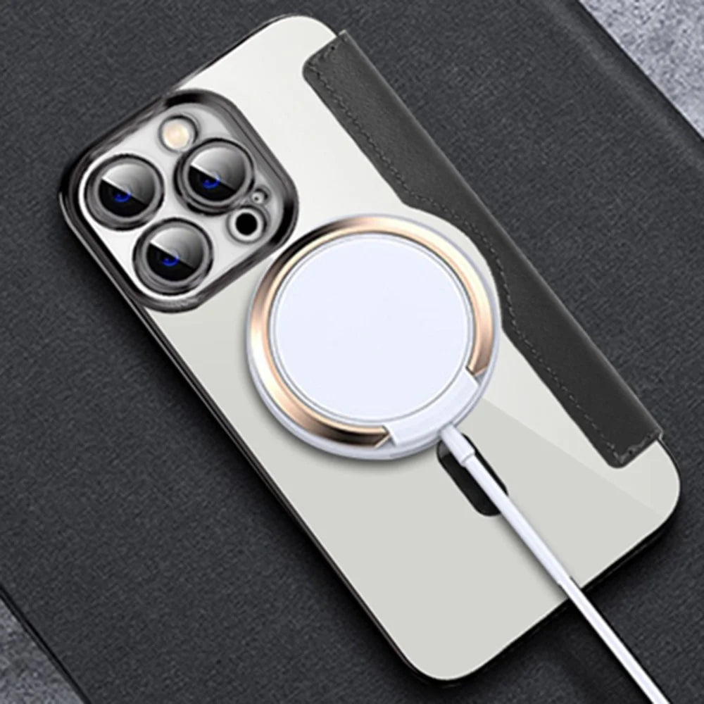 Phone Cover for iPhone 14 Pro, Compatible with MagSafe RFID Blocking Card Slots Fully Wrapped PU Leather+TPU Electroplating Clear Back Flip Case with Lens Film - Black - 6