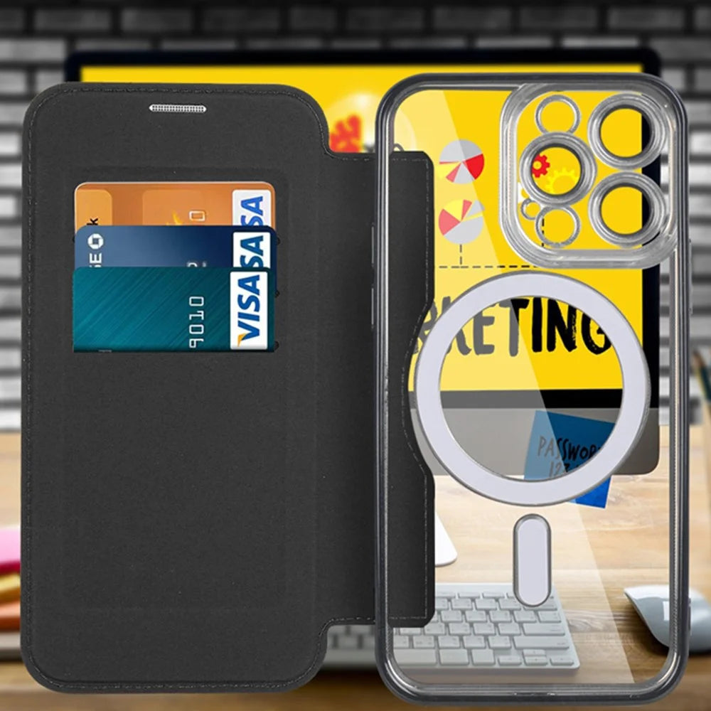 Phone Cover for iPhone 14 Pro, Compatible with MagSafe RFID Blocking Card Slots Fully Wrapped PU Leather+TPU Electroplating Clear Back Flip Case with Lens Film - Black - 7