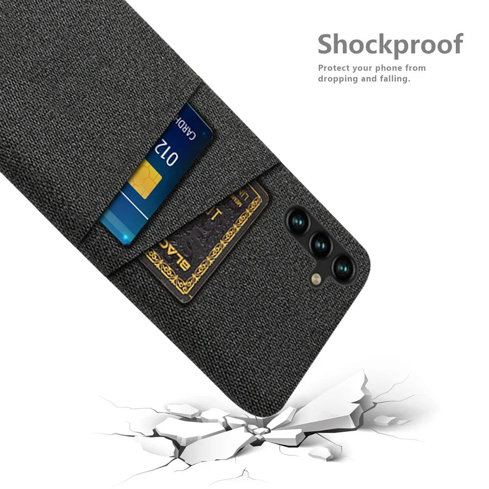 For Samsung Galaxy A14 5G / A14 4G Cloth Texture Protective Phone Case Dual Card Slots Hard PC Cover - Black - 4