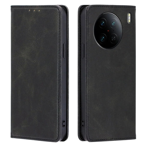For vivo X90 Pro 5G Calf Texture PU Leather Magnetic Auto-absorbed Phone Case Full Protection Inner TPU Cover with Wallet Stand - Black - 1