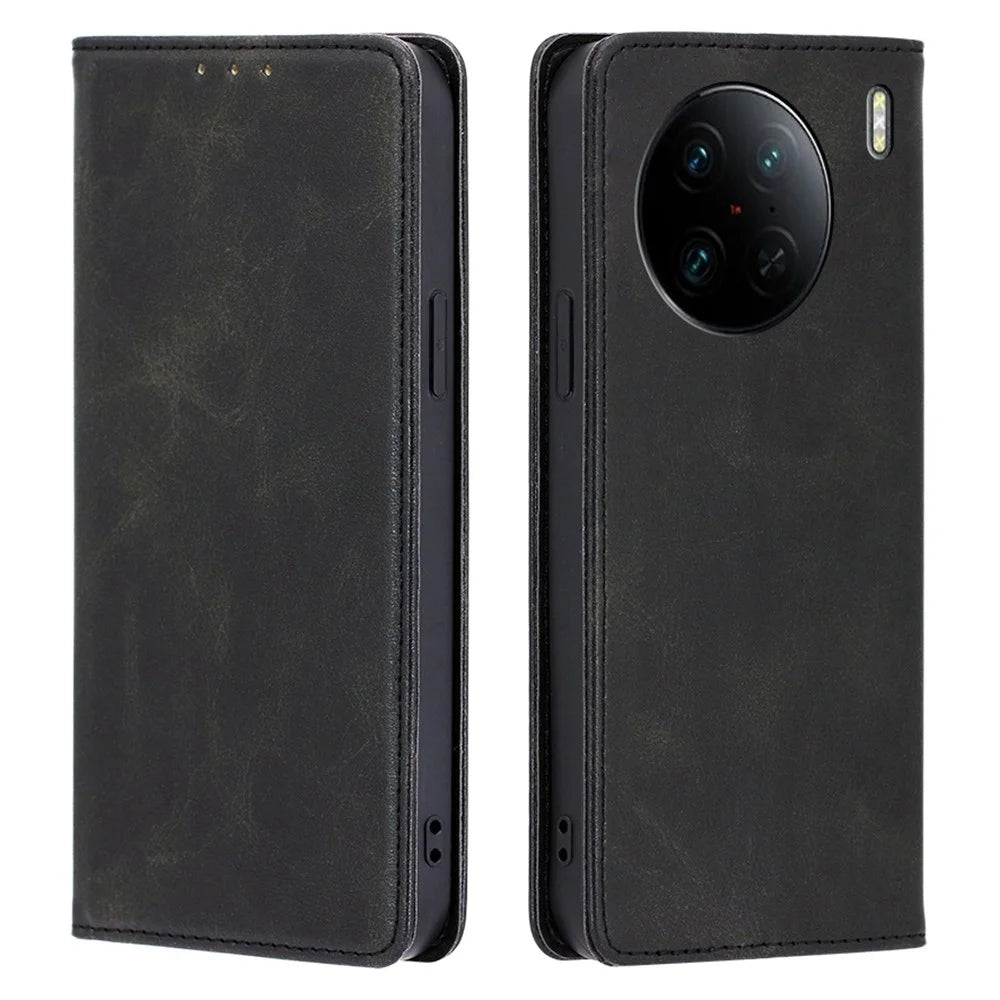 For vivo X90 Pro 5G Calf Texture PU Leather Magnetic Auto-absorbed Phone Case Full Protection Inner TPU Cover with Wallet Stand - Black - 1