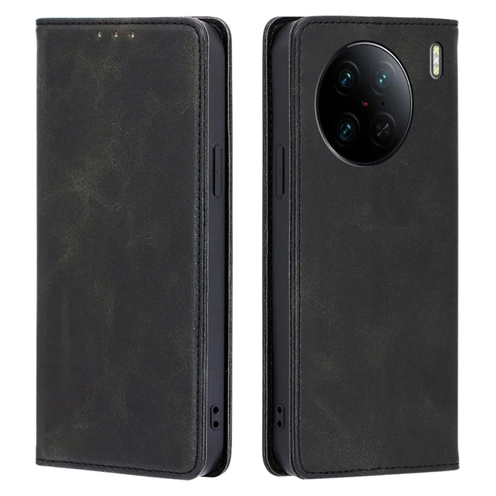 For vivo X90 Pro 5G Calf Texture PU Leather Magnetic Auto-absorbed Phone Case Full Protection Inner TPU Cover with Wallet Stand - Black - 1
