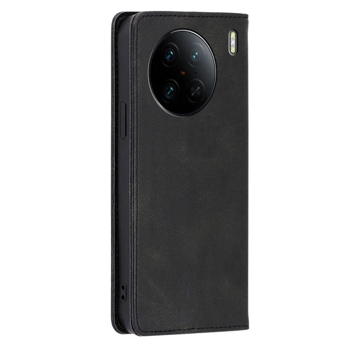 For vivo X90 Pro 5G Calf Texture PU Leather Magnetic Auto-absorbed Phone Case Full Protection Inner TPU Cover with Wallet Stand - Black - 6