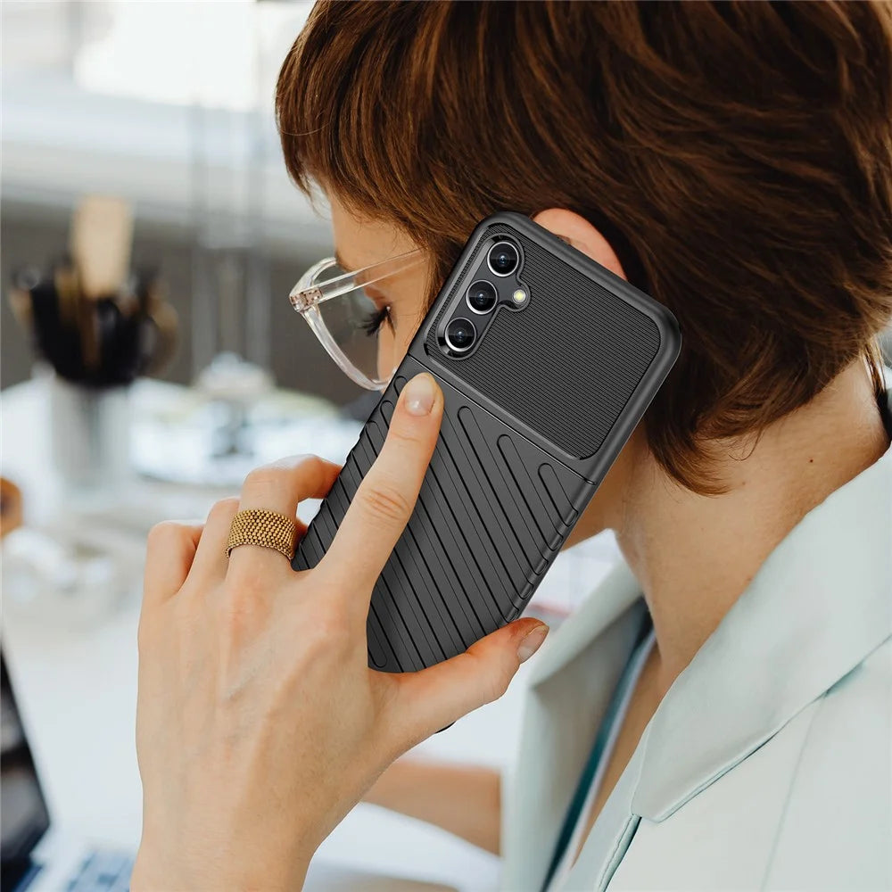 For Samsung Galaxy A14 5G / 4G Thunder Series Twill Texture Thickened TPU Phone Case Anti-drop Protection Smartphone Cover - Black - 7