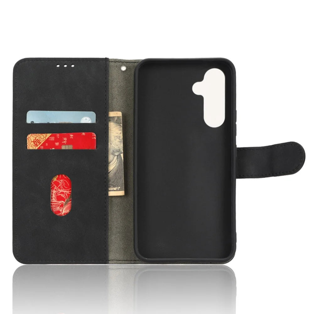 For Samsung Galaxy A34 5G Shockproof Phone Case Skin-Touch Feeling Cell Phone Cover Stand Wallet - Black - 4