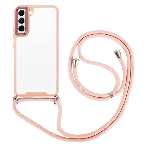 For Samsung Galaxy S23 Non-slip Thickend Phone Case Electroplating Lens Frame Shockproof Mobile Phone Cover with Long Lanyard - Light Pink - 1