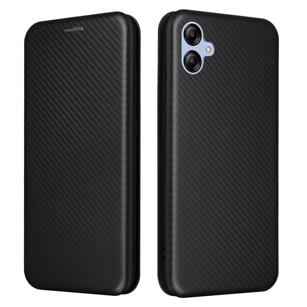 For Samsung Galaxy A04e 4G / F04 4G / M04 4G Carbon Fiber Texture Magnetic PU Leather Phone Case Card Slot Stand Full Protection Phone Flip Cover - Black - 1