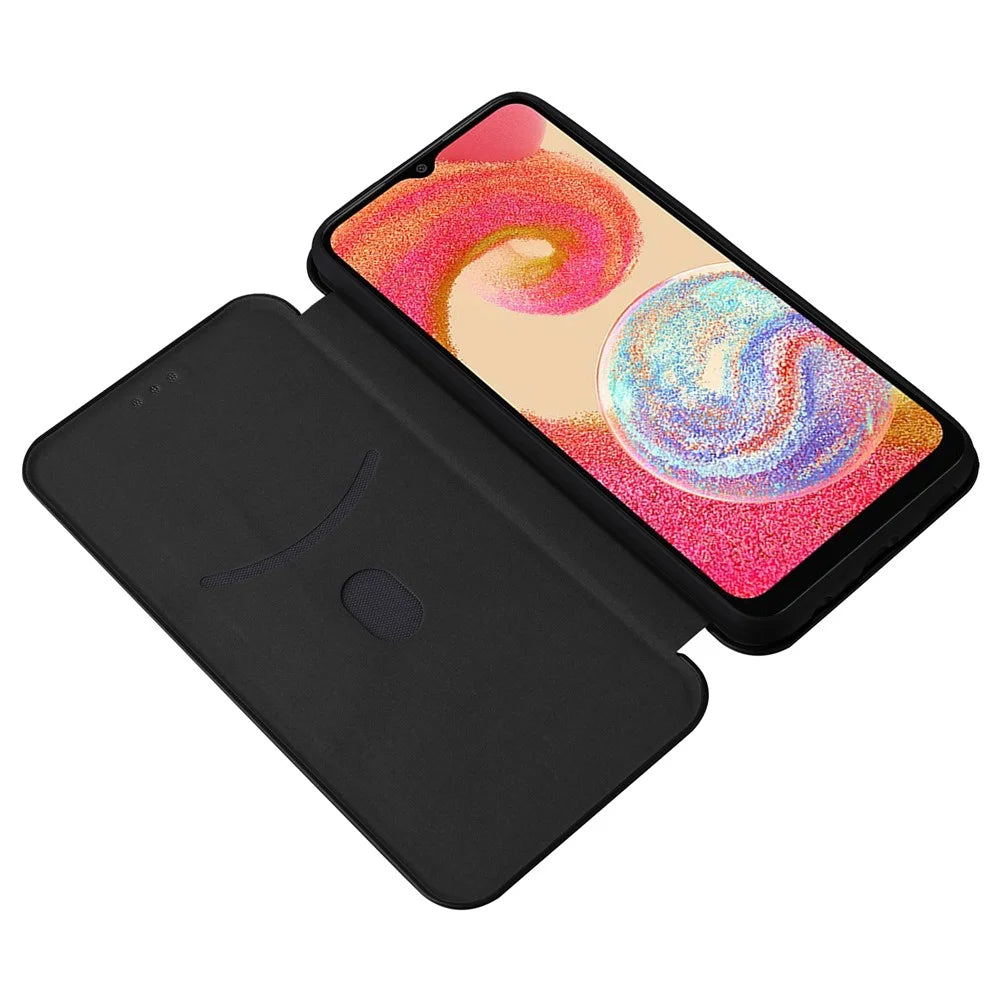 For Samsung Galaxy A04e 4G / F04 4G / M04 4G Carbon Fiber Texture Magnetic PU Leather Phone Case Card Slot Stand Full Protection Phone Flip Cover - Black - 2
