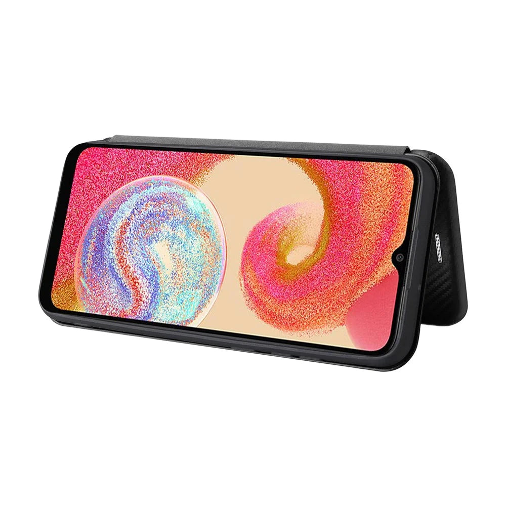 For Samsung Galaxy A04e 4G / F04 4G / M04 4G Carbon Fiber Texture Magnetic PU Leather Phone Case Card Slot Stand Full Protection Phone Flip Cover - Black - 3