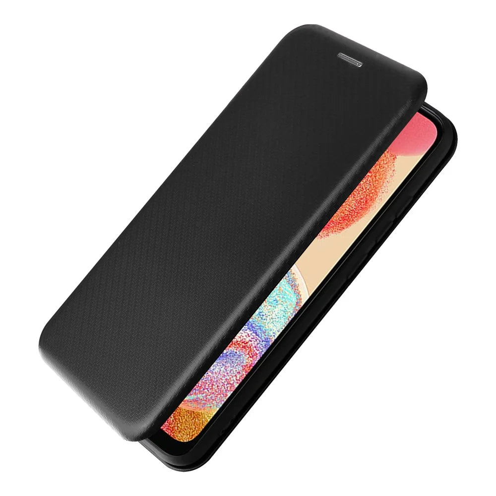 For Samsung Galaxy A04e 4G / F04 4G / M04 4G Carbon Fiber Texture Magnetic PU Leather Phone Case Card Slot Stand Full Protection Phone Flip Cover - Black - 6
