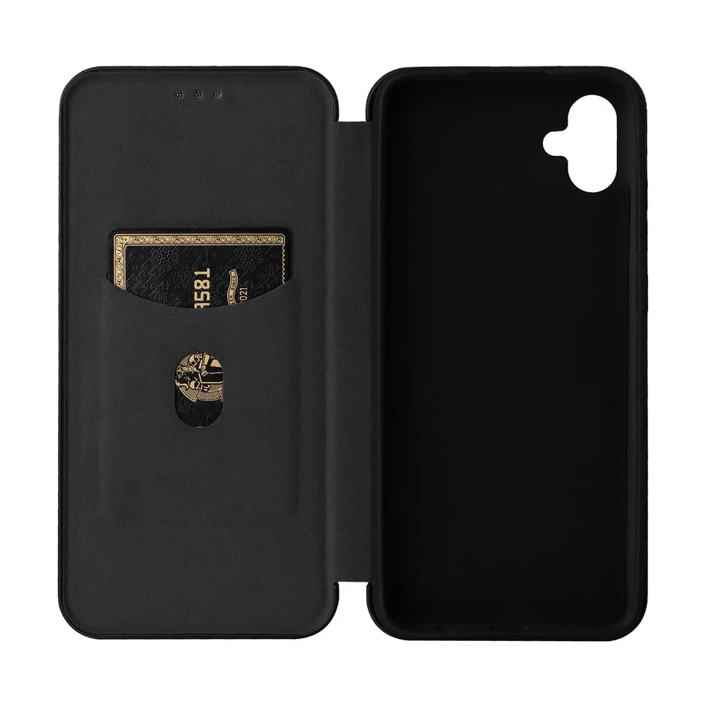 For Samsung Galaxy A04e 4G / F04 4G / M04 4G Carbon Fiber Texture Magnetic PU Leather Phone Case Card Slot Stand Full Protection Phone Flip Cover - Black - 7