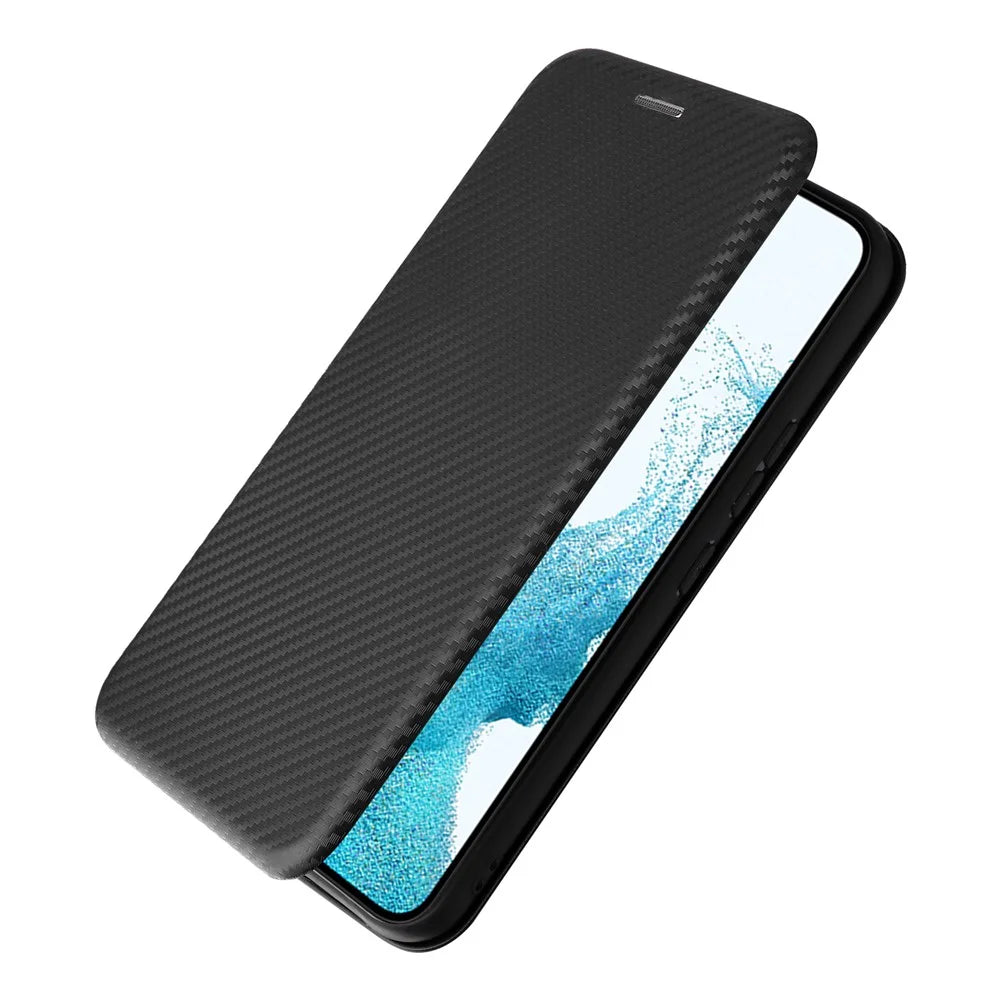 For Samsung Galaxy A54 5G Carbon Fiber Texture Magnetic PU Leather Anti-scratch Phone Case Stand Drop-proof Mobile Phone Cover with Card Slot - Black - 6
