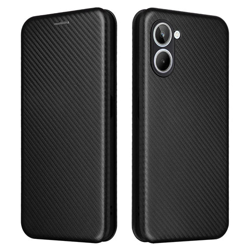 For Realme 10 4G Anti-Scratch PU Leather Phone Case Magnetic Auto-absorbed Carbon Fiber Texture Card Slot Stand Flip Cover - Black - 1