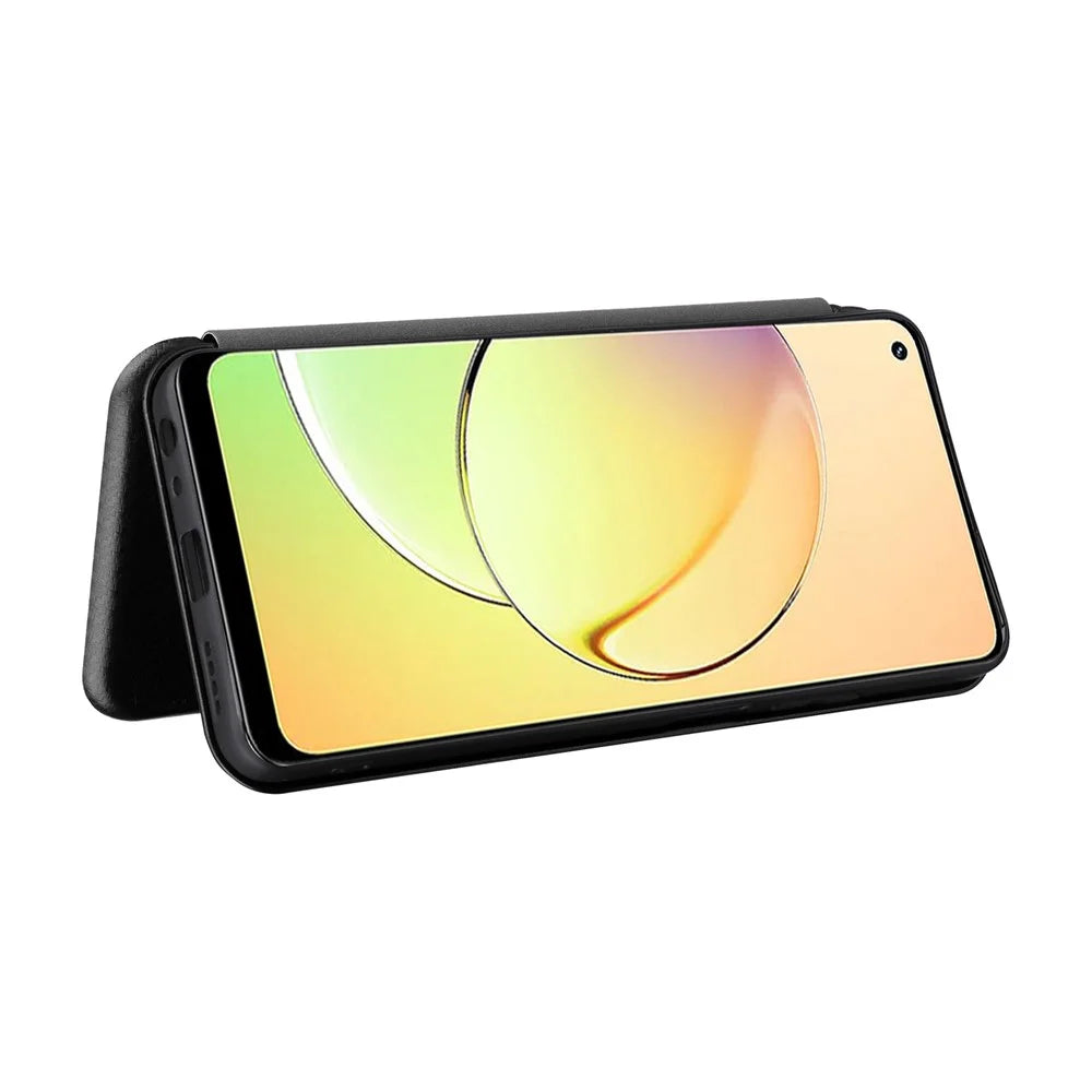 For Realme 10 4G Anti-Scratch PU Leather Phone Case Magnetic Auto-absorbed Carbon Fiber Texture Card Slot Stand Flip Cover - Black - 3