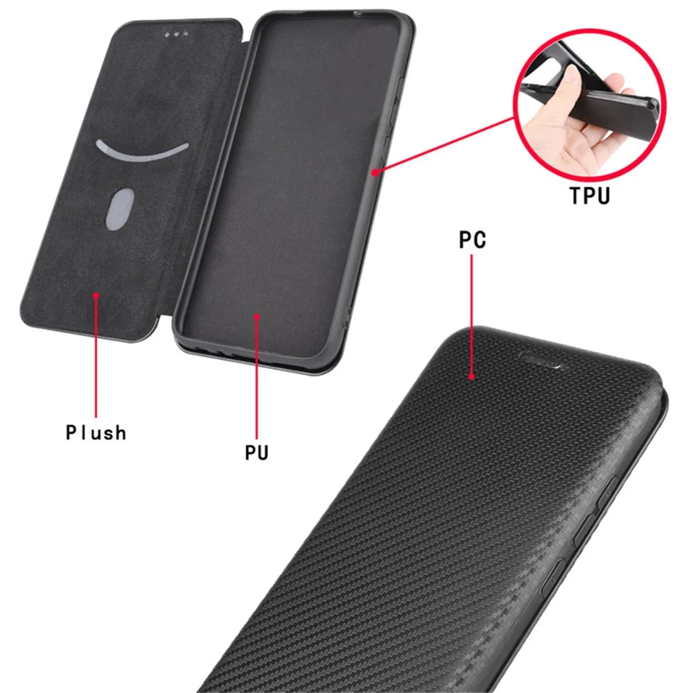 For Realme 10 4G Anti-Scratch PU Leather Phone Case Magnetic Auto-absorbed Carbon Fiber Texture Card Slot Stand Flip Cover - Black - 5