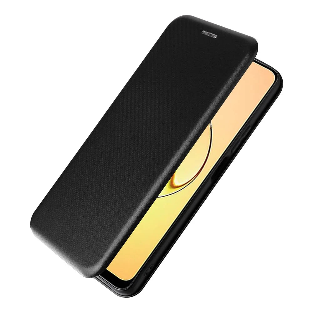 For Realme 10 4G Anti-Scratch PU Leather Phone Case Magnetic Auto-absorbed Carbon Fiber Texture Card Slot Stand Flip Cover - Black - 6