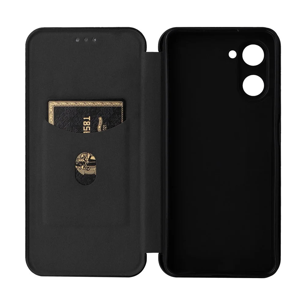 For Realme 10 4G Anti-Scratch PU Leather Phone Case Magnetic Auto-absorbed Carbon Fiber Texture Card Slot Stand Flip Cover - Black - 7