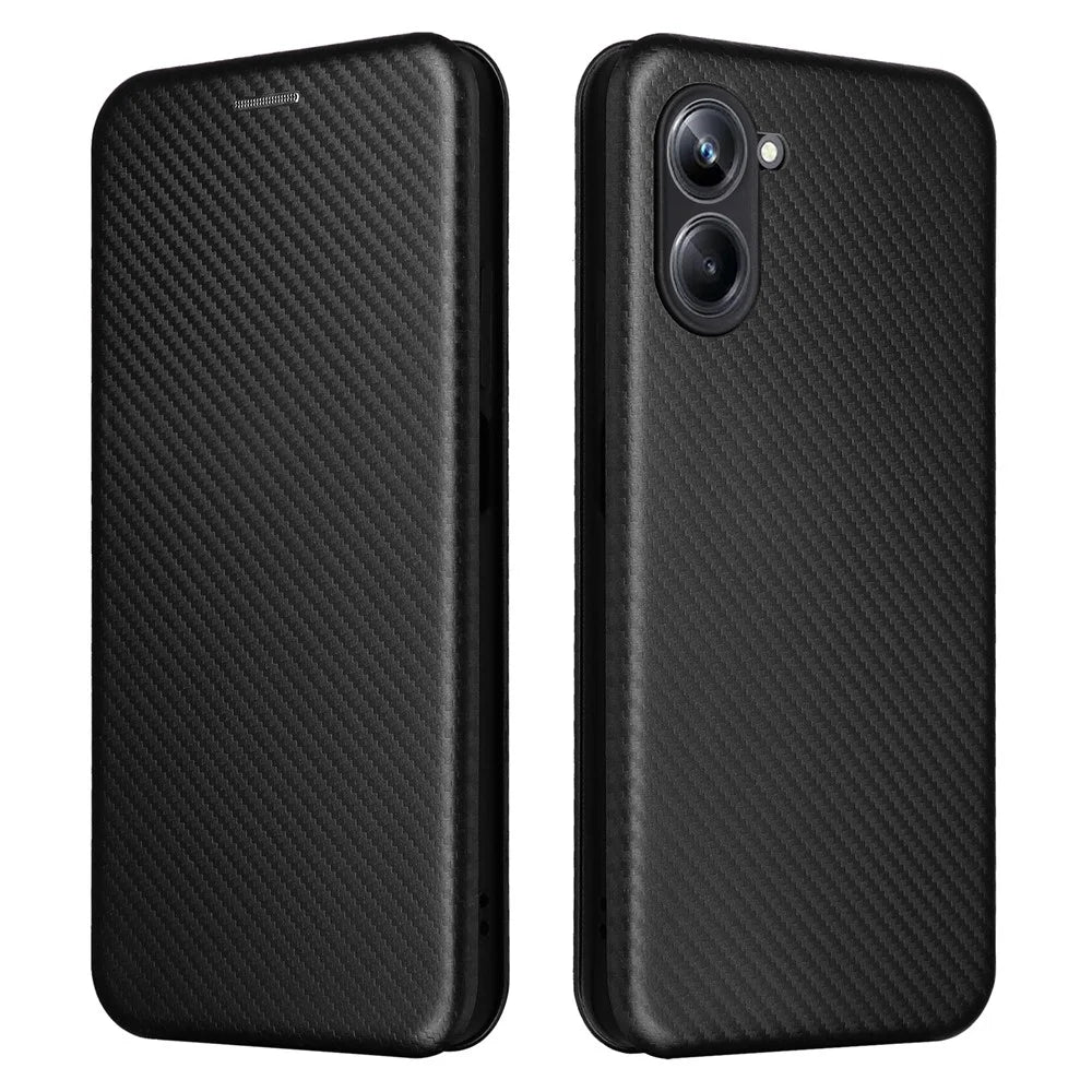For Realme 10 Pro 5G Card Slot Phone Case Magnetic Auto-absorbed Carbon Fiber Texture PU Leather Stand Flip Cover - Black - 1