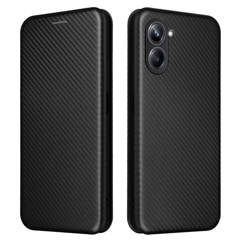 For Realme 10 Pro 5G Card Slot Phone Case Magnetic Auto-absorbed Carbon Fiber Texture PU Leather Stand Flip Cover - Black - 1