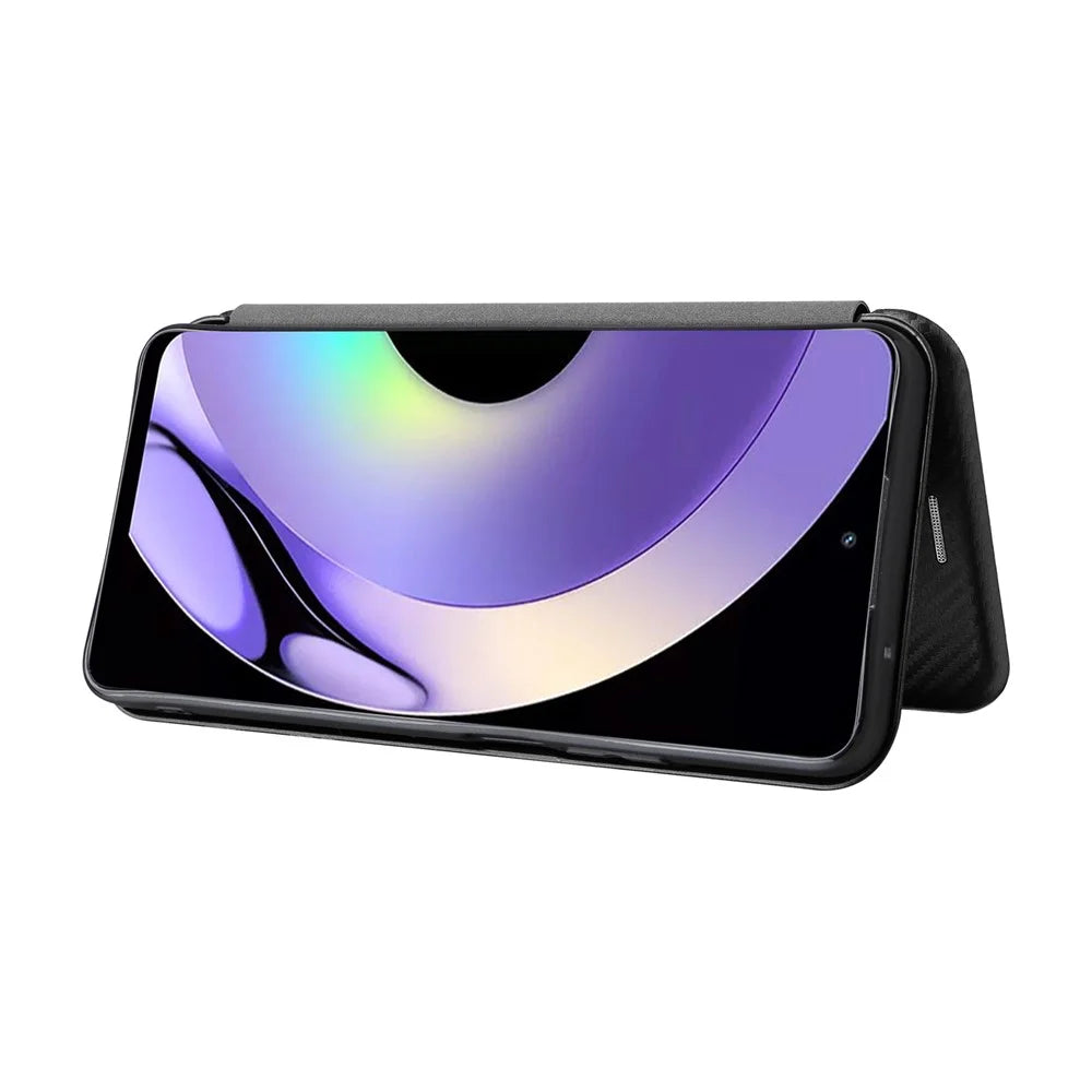 For Realme 10 Pro 5G Card Slot Phone Case Magnetic Auto-absorbed Carbon Fiber Texture PU Leather Stand Flip Cover - Black - 3