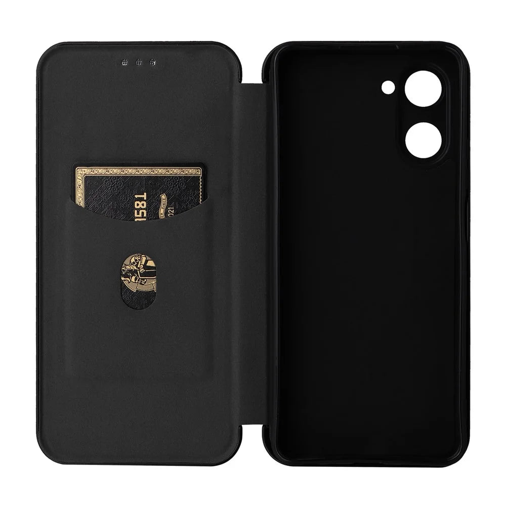 For Realme 10 Pro 5G Card Slot Phone Case Magnetic Auto-absorbed Carbon Fiber Texture PU Leather Stand Flip Cover - Black - 7