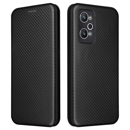 Magnetic Auto-absorbed Phone Case for Realme GT Neo 3T 5G / Realme GT Neo2 5G, Carbon Fiber Texture PU Leather Card Slot Stand Flip Cover - Black - 1
